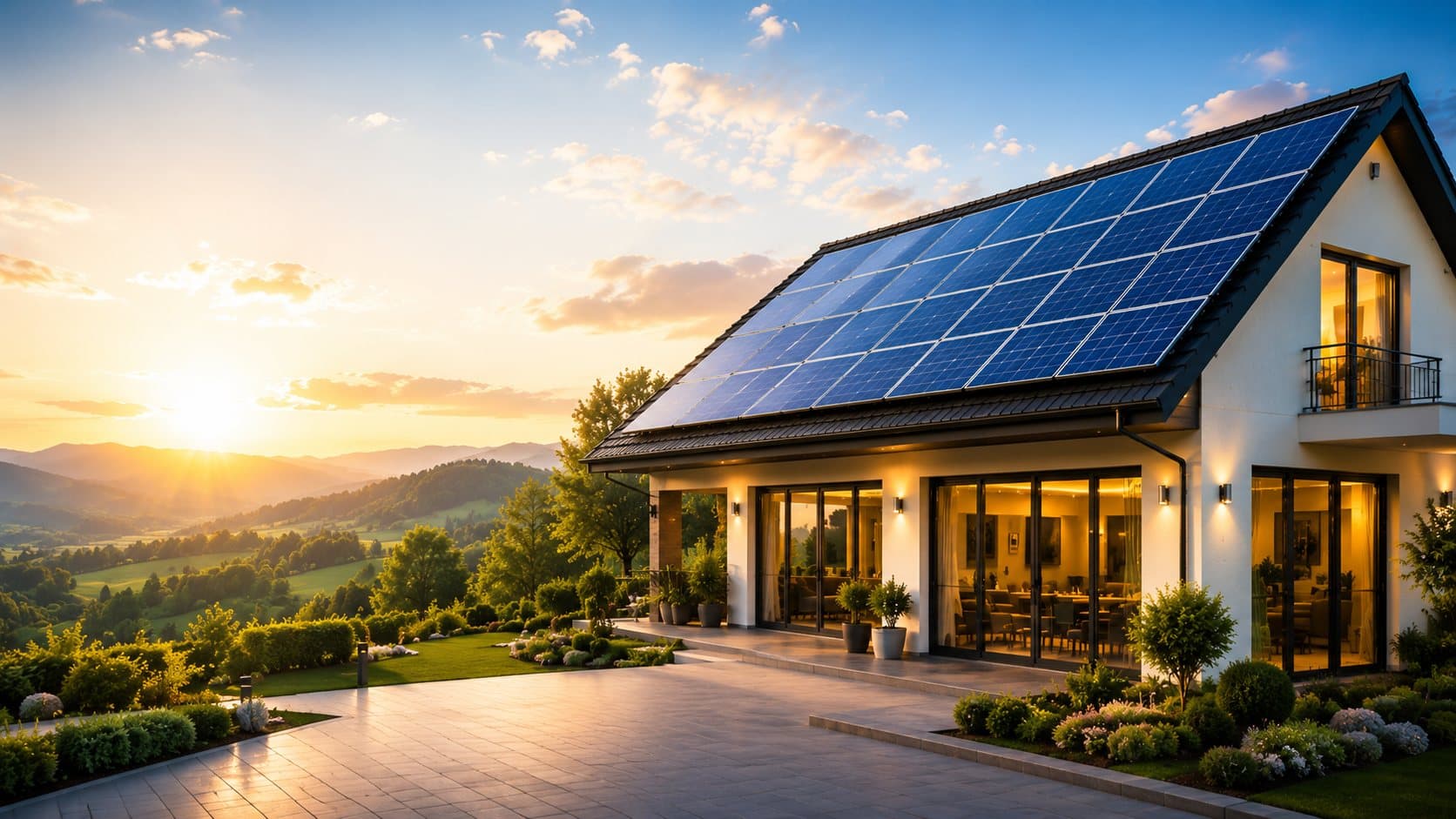 Modern home in the Philippines powered by rooftop solar panels at sunset